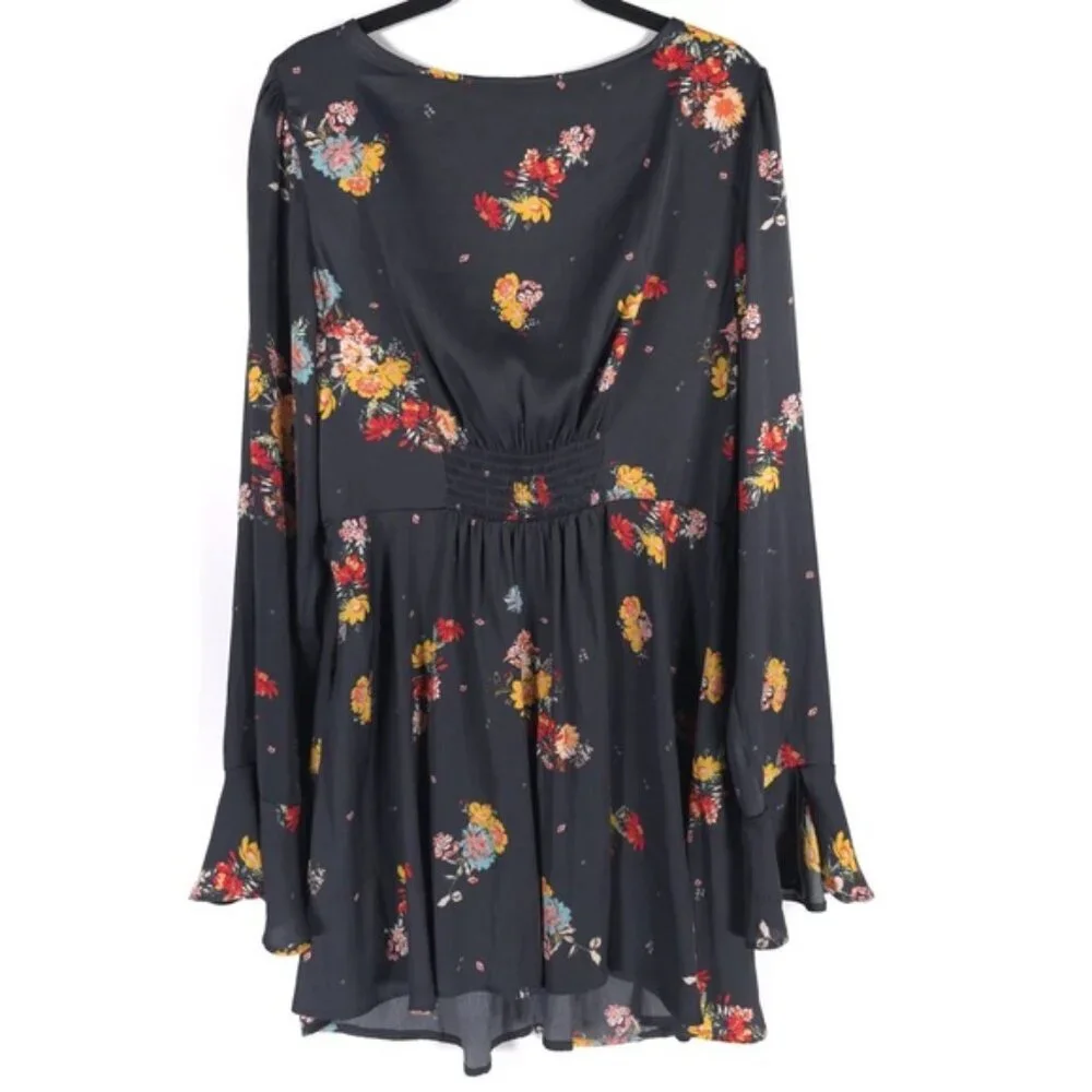 Free People Mini Dress Floral LS Slit Cuffs Tie Vneck Flare Silky Midnight LARGE